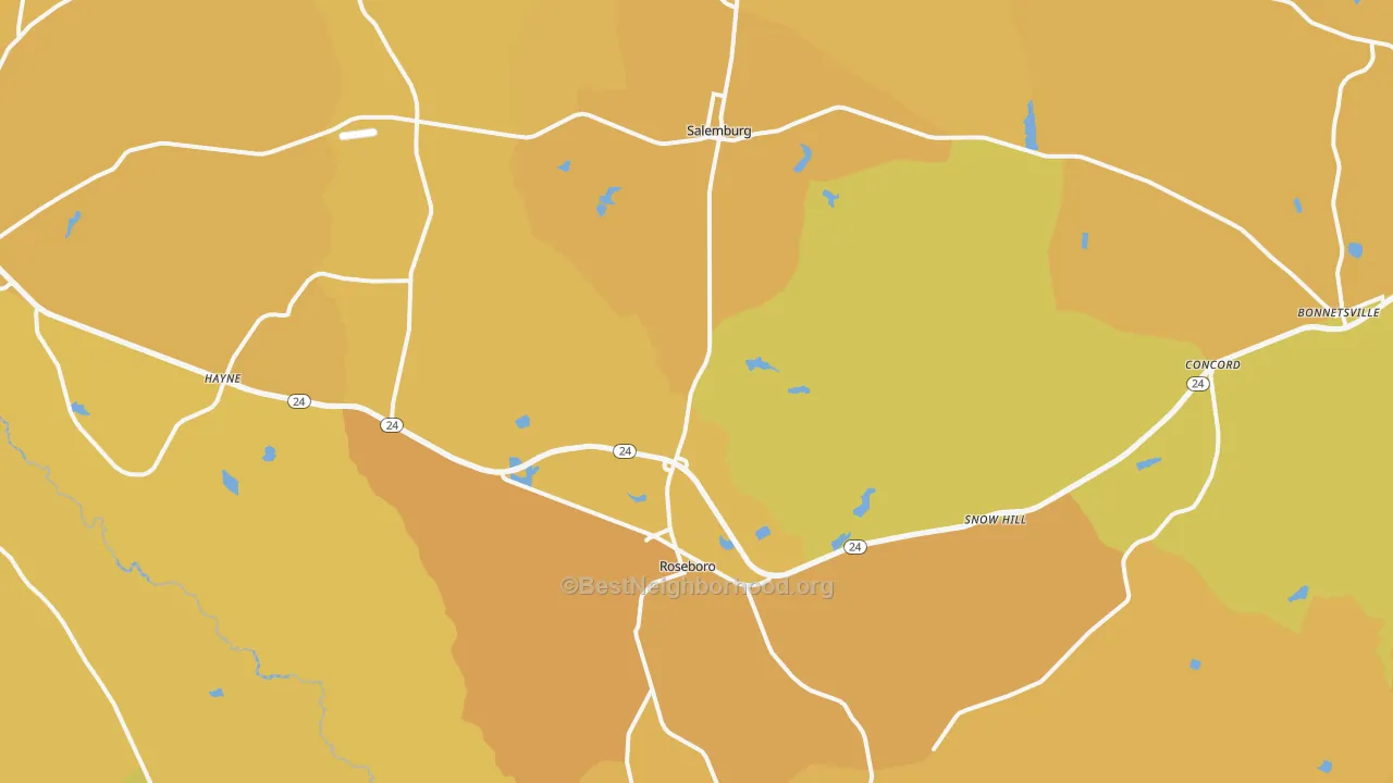 Map of the best neighborhoods in the 28382 area, with better matches in green and worse matches in red