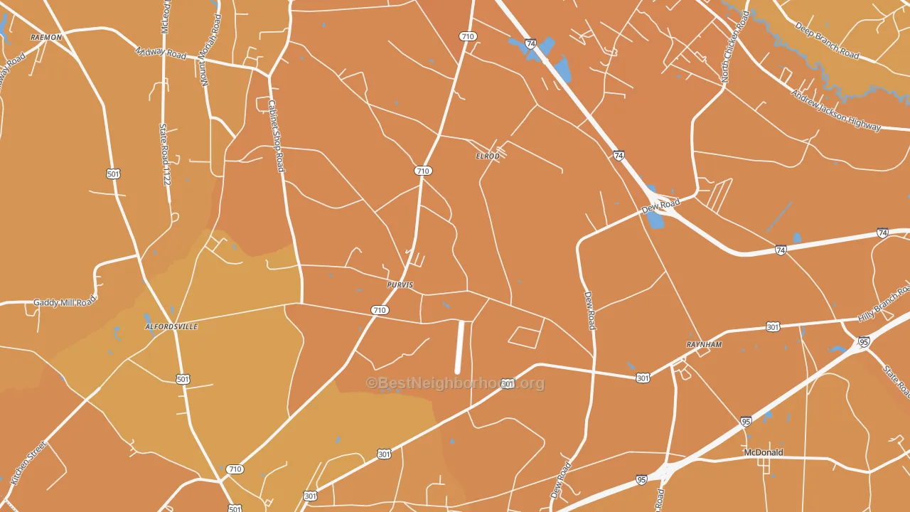 Map of the best neighborhoods in the 28383 area, with better matches in green and worse matches in red