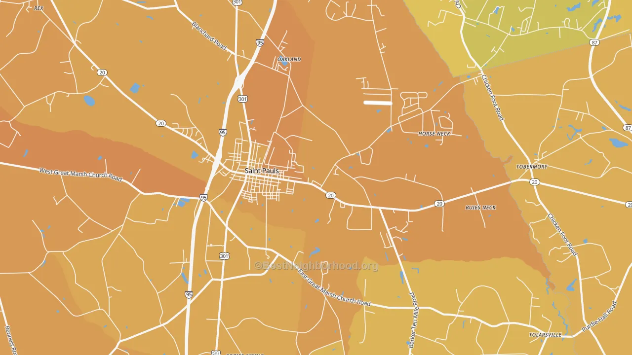 Map of the best neighborhoods in the 28384 area, with better matches in green and worse matches in red