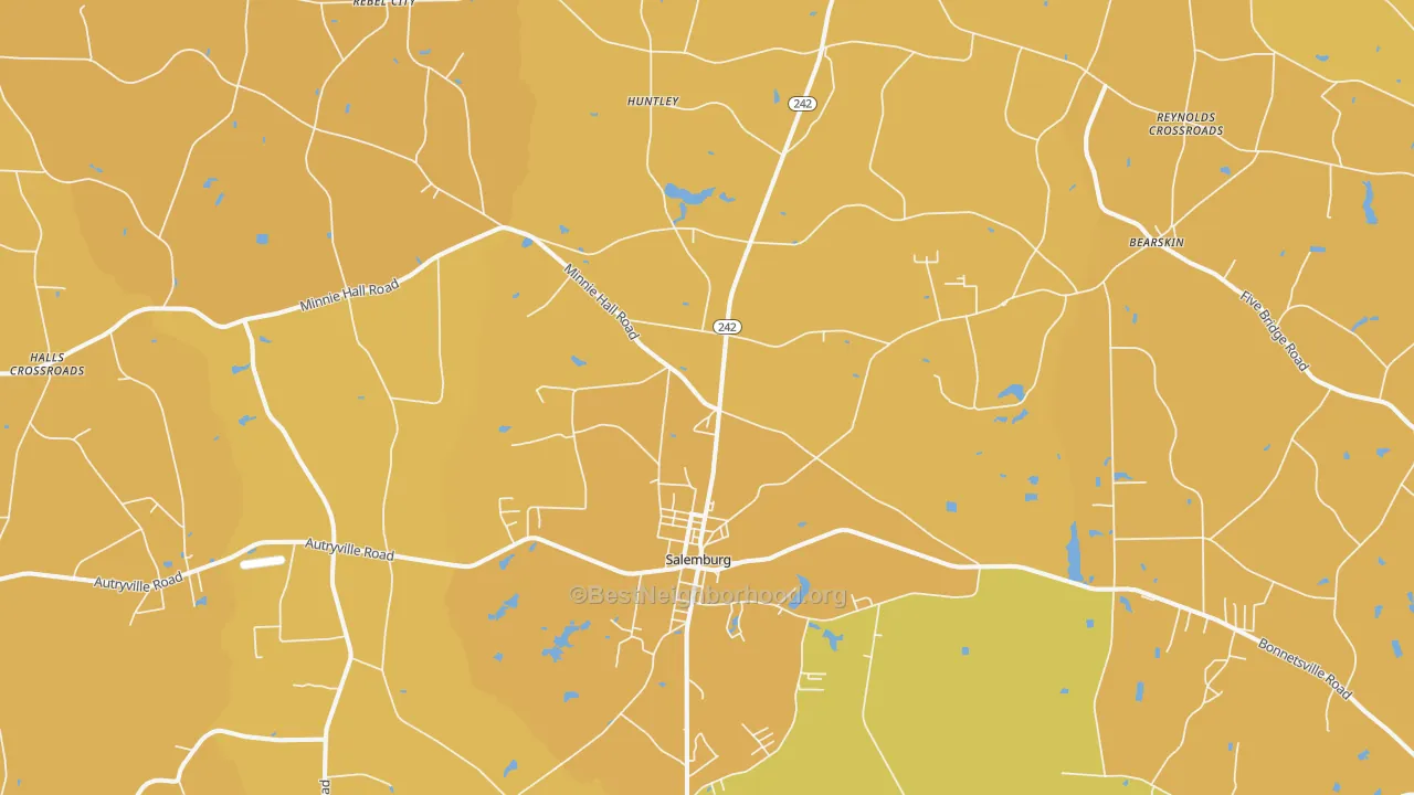 Map of the best neighborhoods in the 28385 area, with better matches in green and worse matches in red