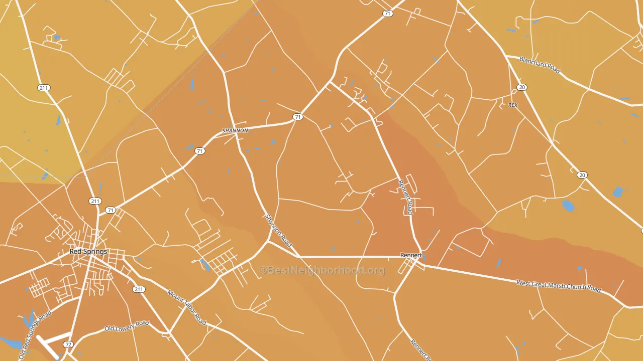 Map of the best neighborhoods in the 28386 area, with better matches in green and worse matches in red