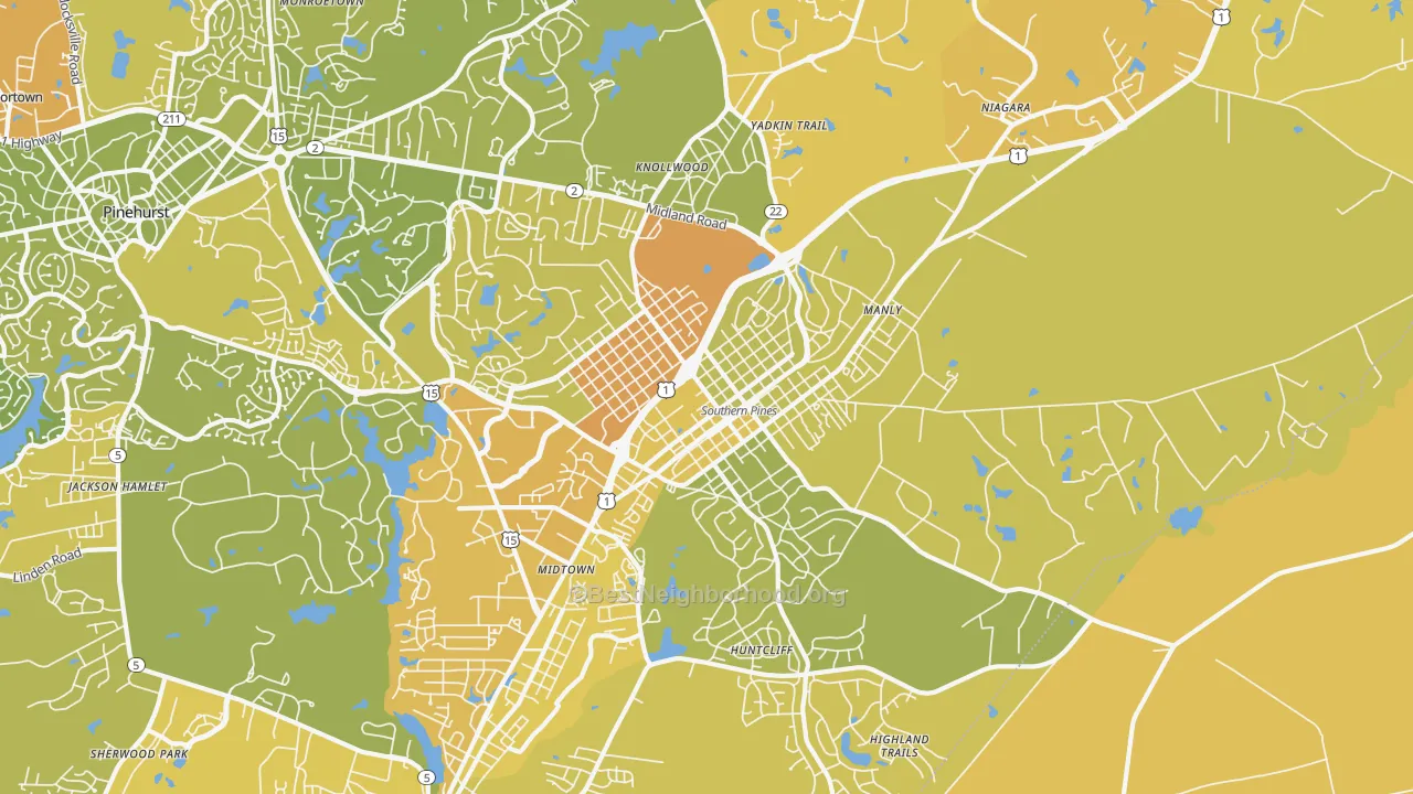 Map of the best neighborhoods in the 28387 area, with better matches in green and worse matches in red