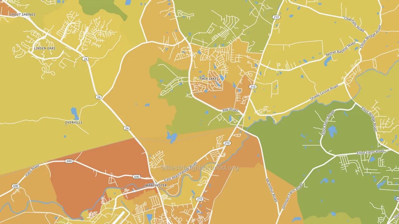 Map of the best neighborhoods in the 28390 area, with better matches in green and worse matches in red