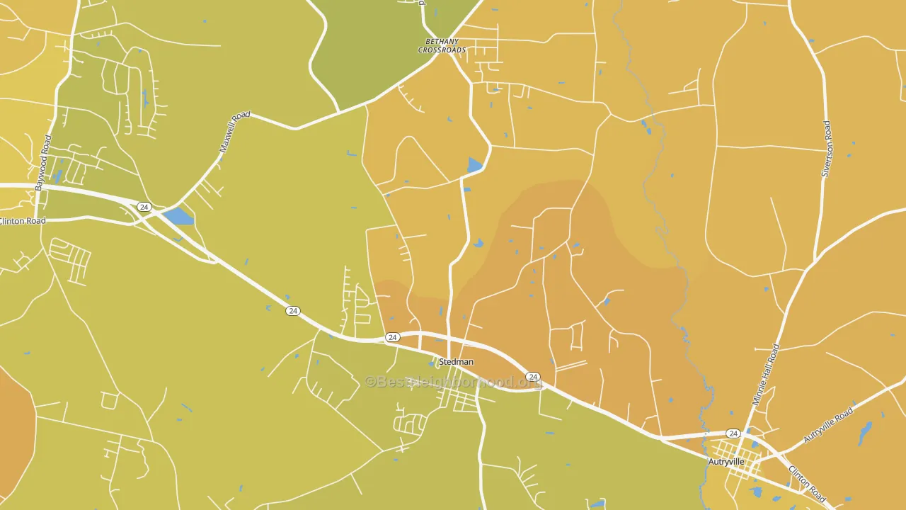 Map of the best neighborhoods in the 28391 area, with better matches in green and worse matches in red