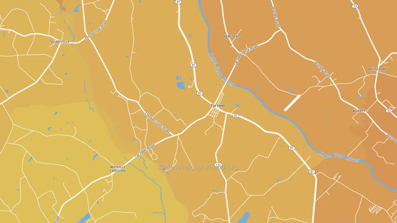 Map of the best neighborhoods in the 28392 area, with better matches in green and worse matches in red