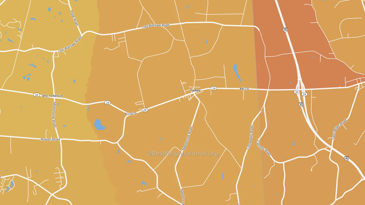 Map of the best neighborhoods in the 28393 area, with better matches in green and worse matches in red