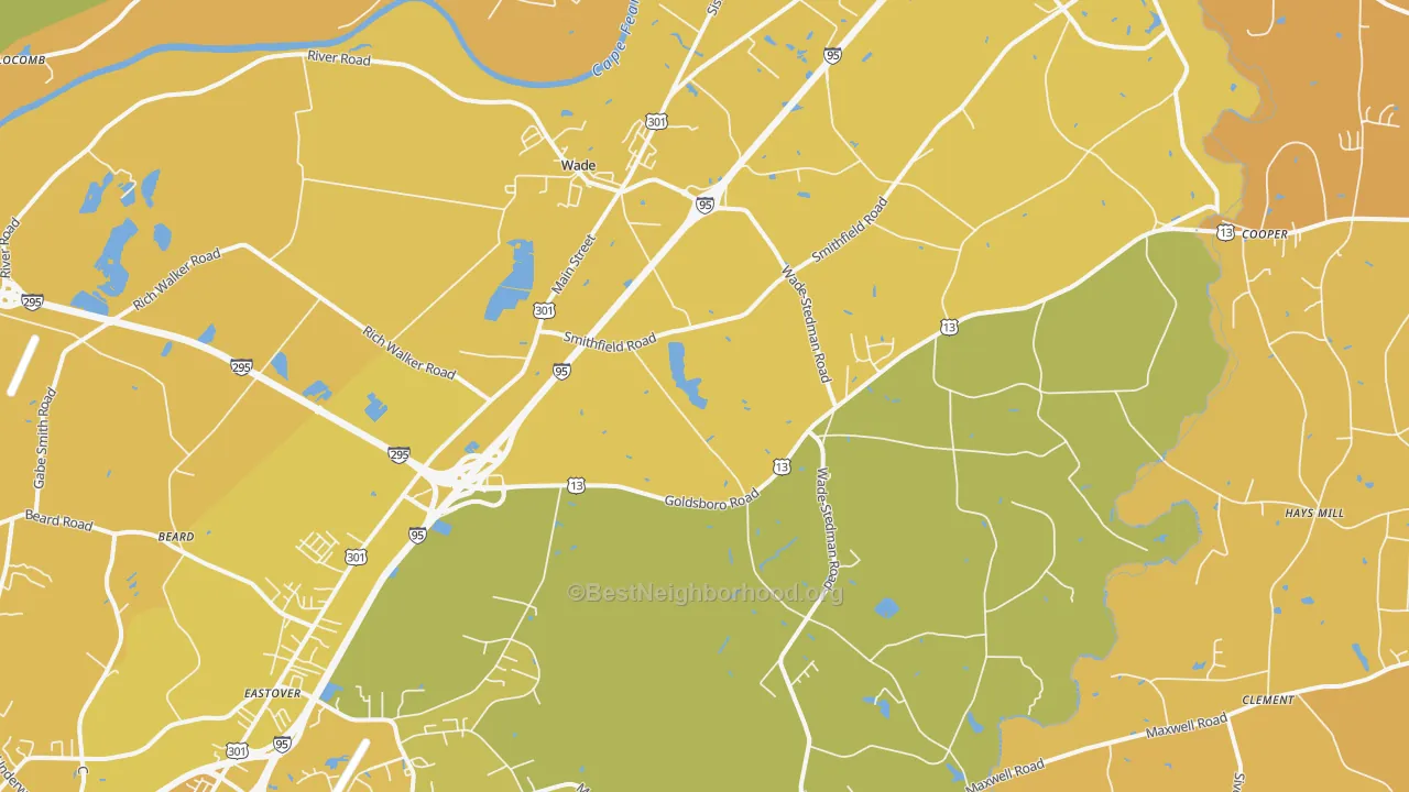 Map of the best neighborhoods in the 28395 area, with better matches in green and worse matches in red