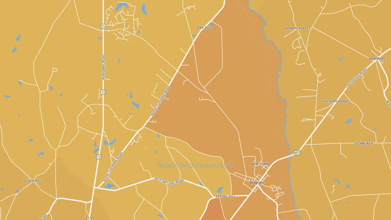 Map of the best neighborhoods in the 28396 area, with better matches in green and worse matches in red