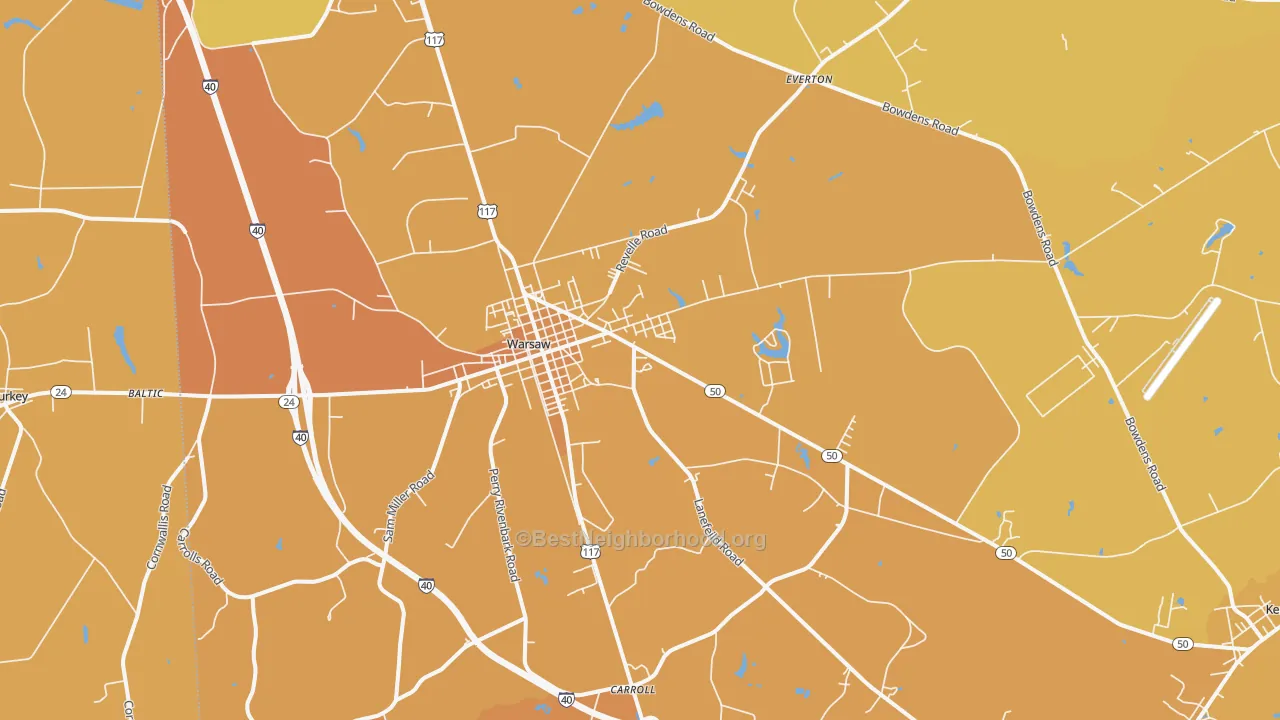 Map of the best neighborhoods in the 28398 area, with better matches in green and worse matches in red
