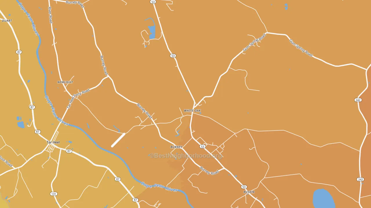 Map of the best neighborhoods in the 28399 area, with better matches in green and worse matches in red