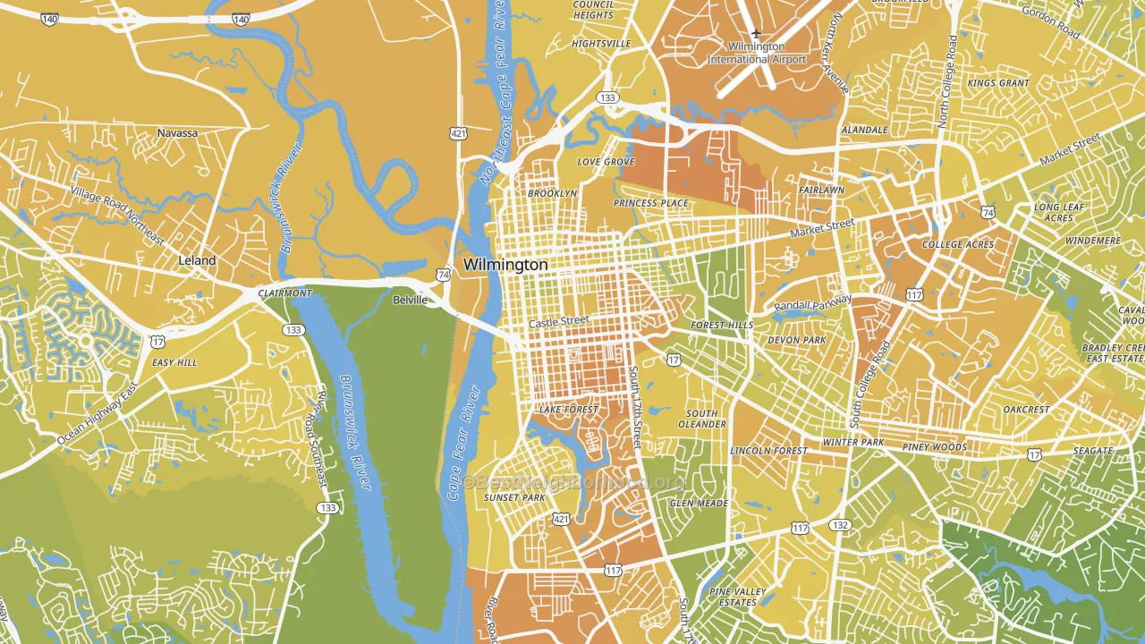 Map of the best neighborhoods in the 28401 area, with better matches in green and worse matches in red