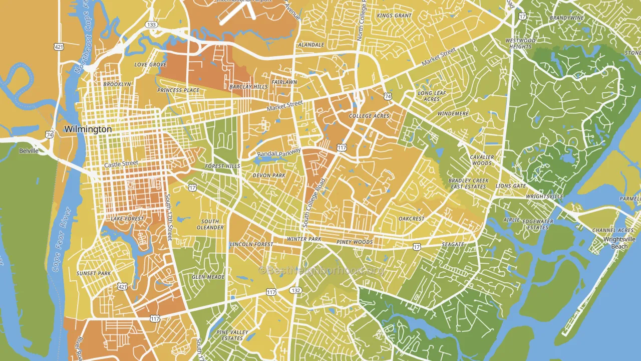 Map of the best neighborhoods in the 28403 area, with better matches in green and worse matches in red