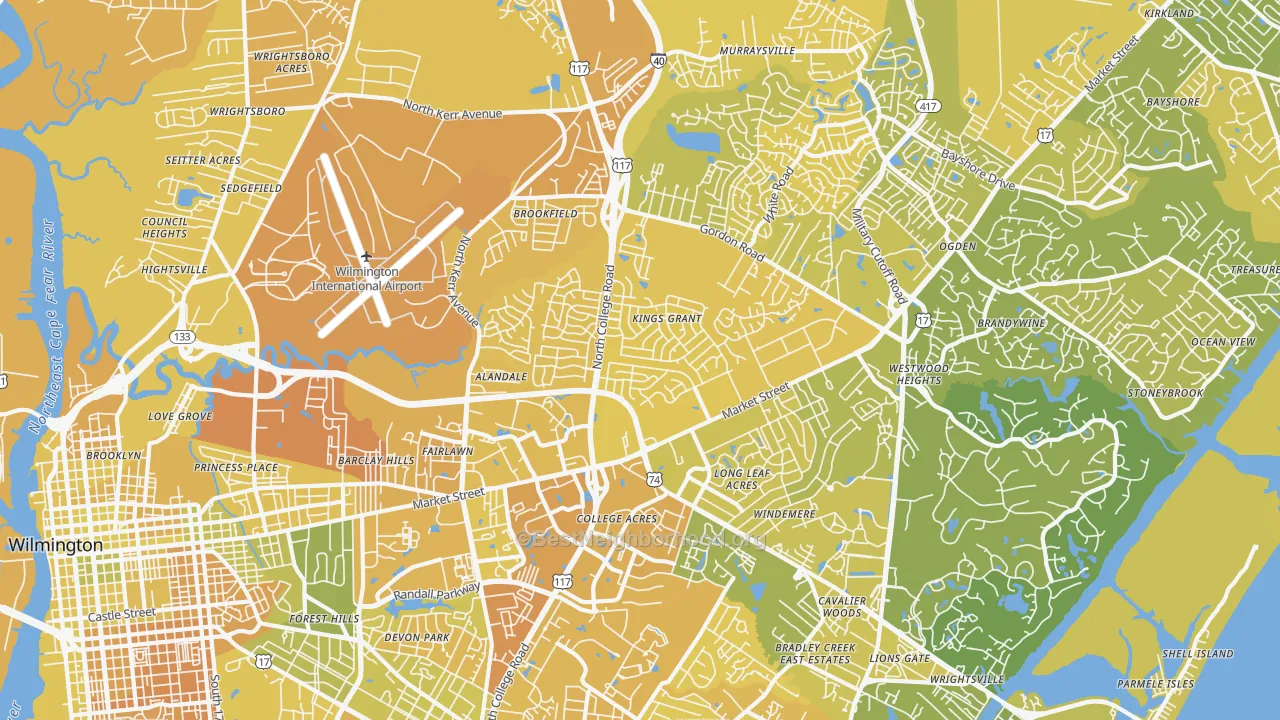 Map of the best neighborhoods in the 28405 area, with better matches in green and worse matches in red