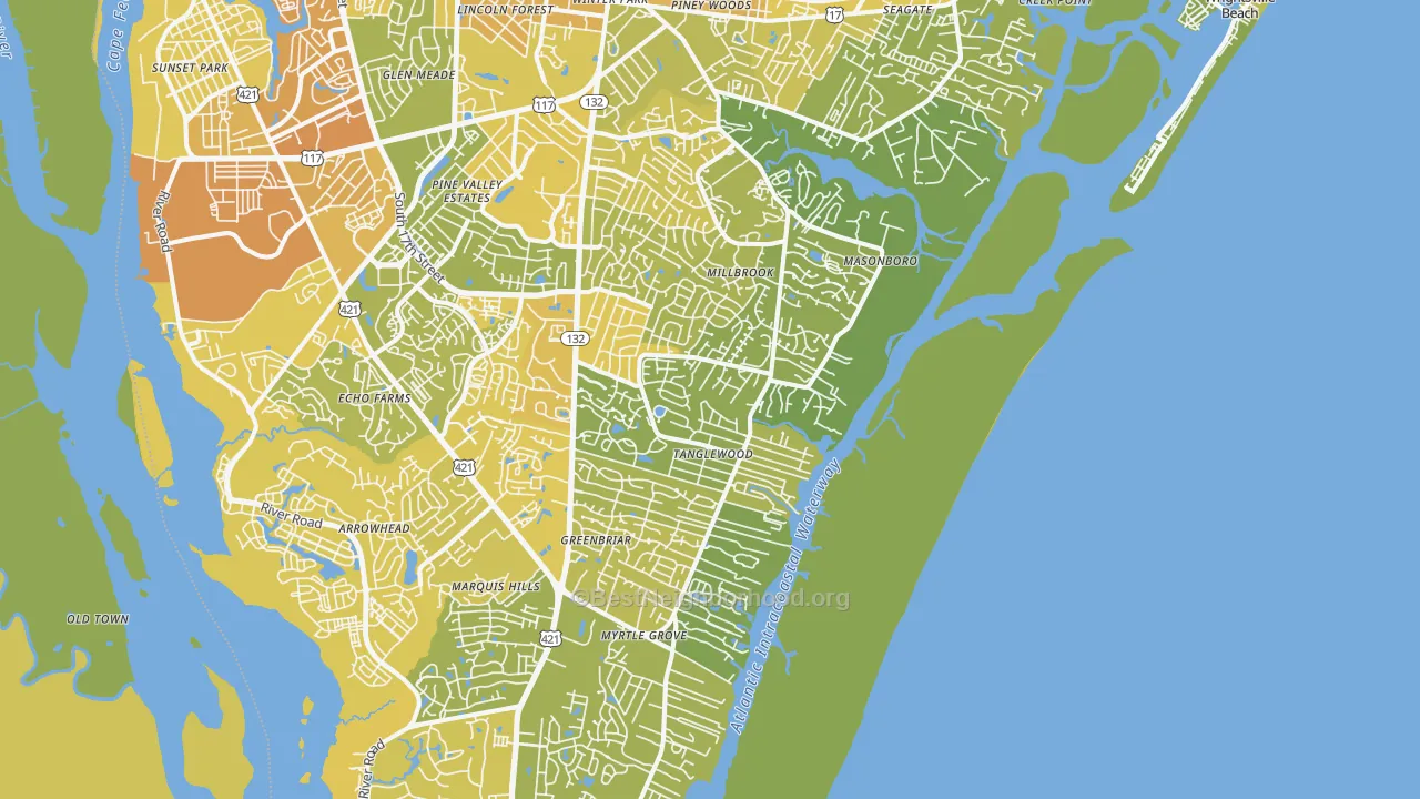 Map of the best neighborhoods in the 28409 area, with better matches in green and worse matches in red
