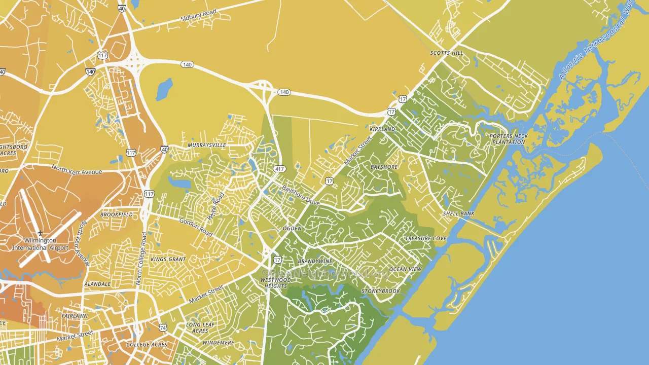Map of the best neighborhoods in the 28411 area, with better matches in green and worse matches in red