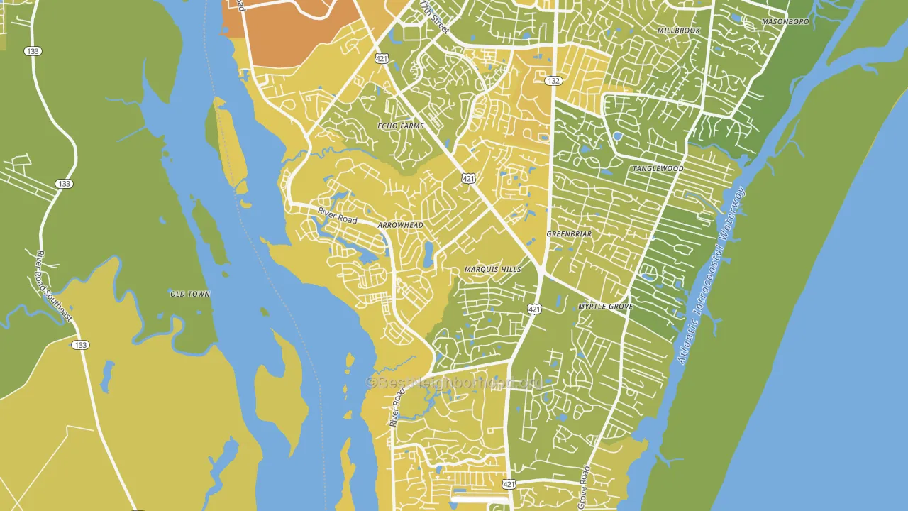 Map of the best neighborhoods in the 28412 area, with better matches in green and worse matches in red