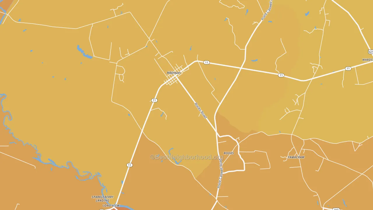 Map of the best neighborhoods in the 28421 area, with better matches in green and worse matches in red