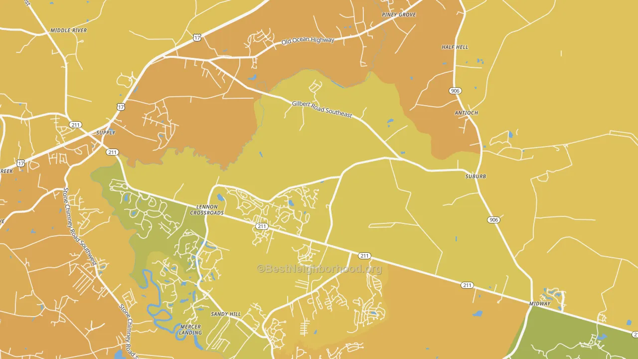 Map of the best neighborhoods in the 28422 area, with better matches in green and worse matches in red