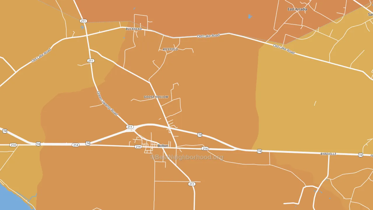 Map of the best neighborhoods in the 28423 area, with better matches in green and worse matches in red