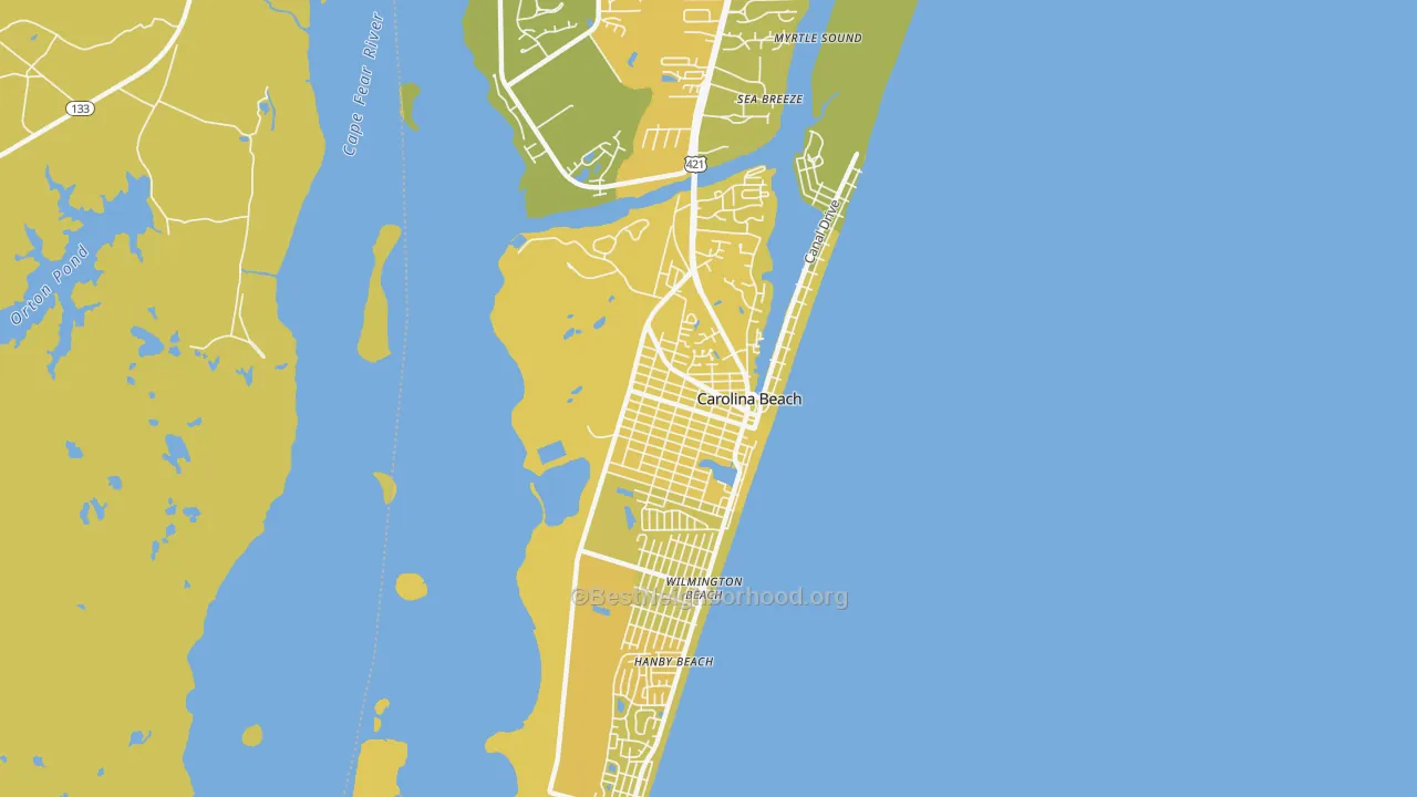 Map of the best neighborhoods in the 28428 area, with better matches in green and worse matches in red