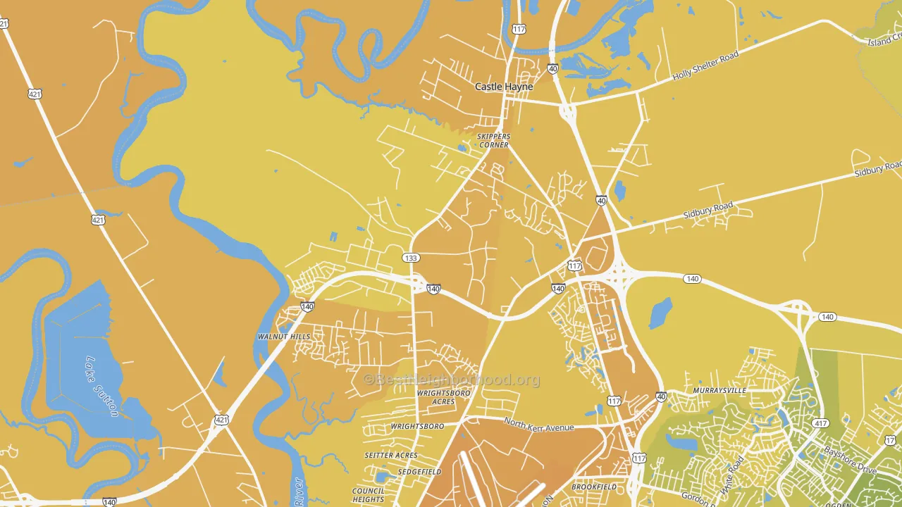 Map of the best neighborhoods in the 28429 area, with better matches in green and worse matches in red