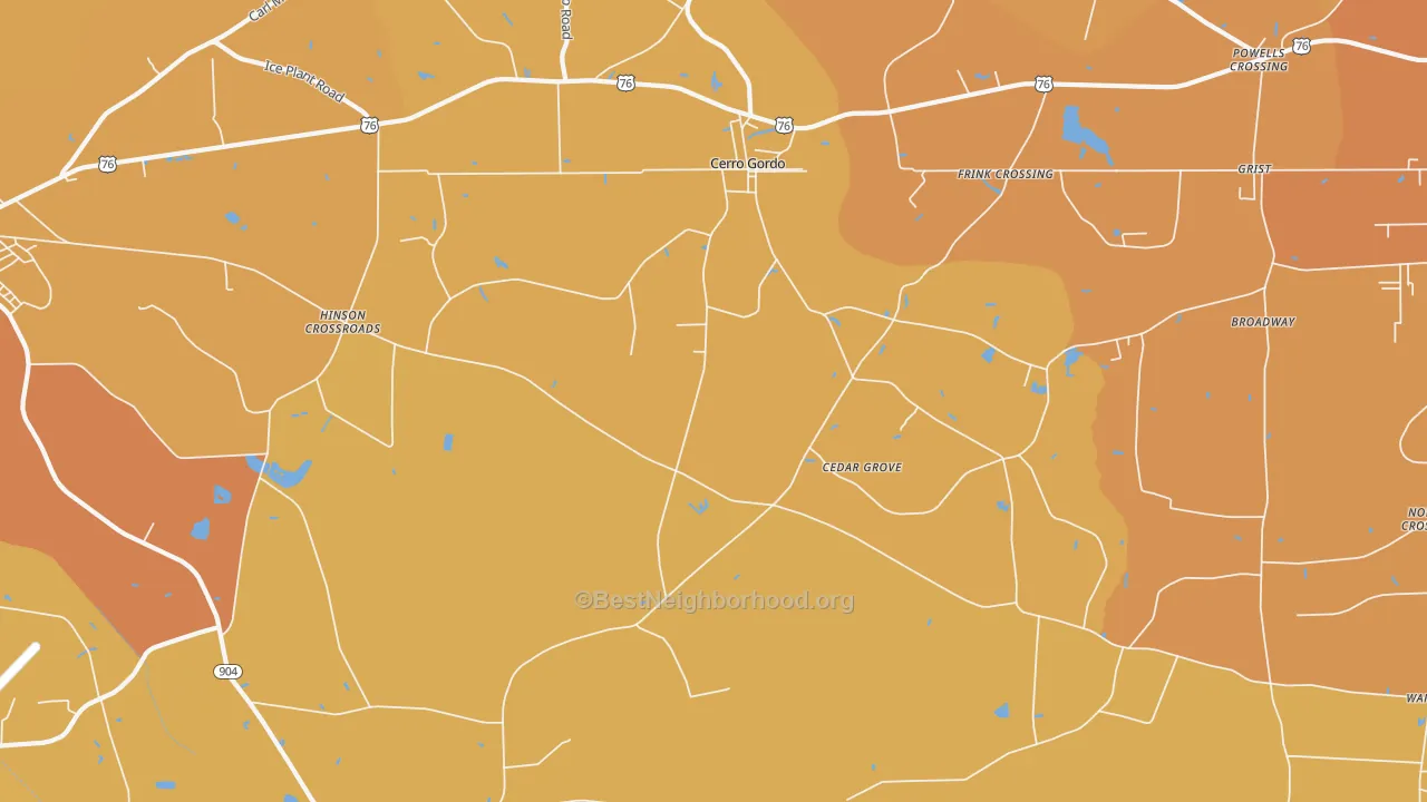Map of the best neighborhoods in the 28430 area, with better matches in green and worse matches in red