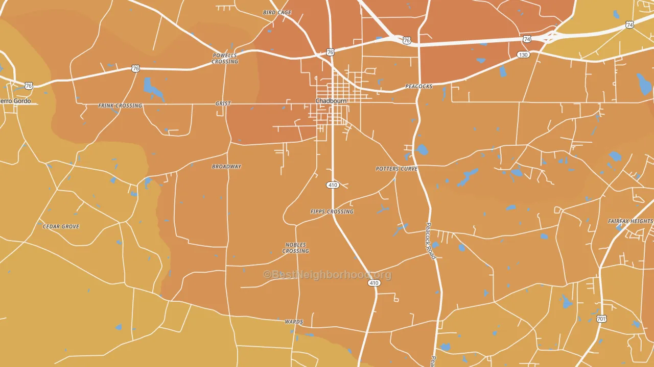 Map of the best neighborhoods in the 28431 area, with better matches in green and worse matches in red