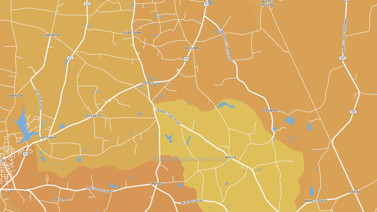 Map of the best neighborhoods in the 28432 area, with better matches in green and worse matches in red