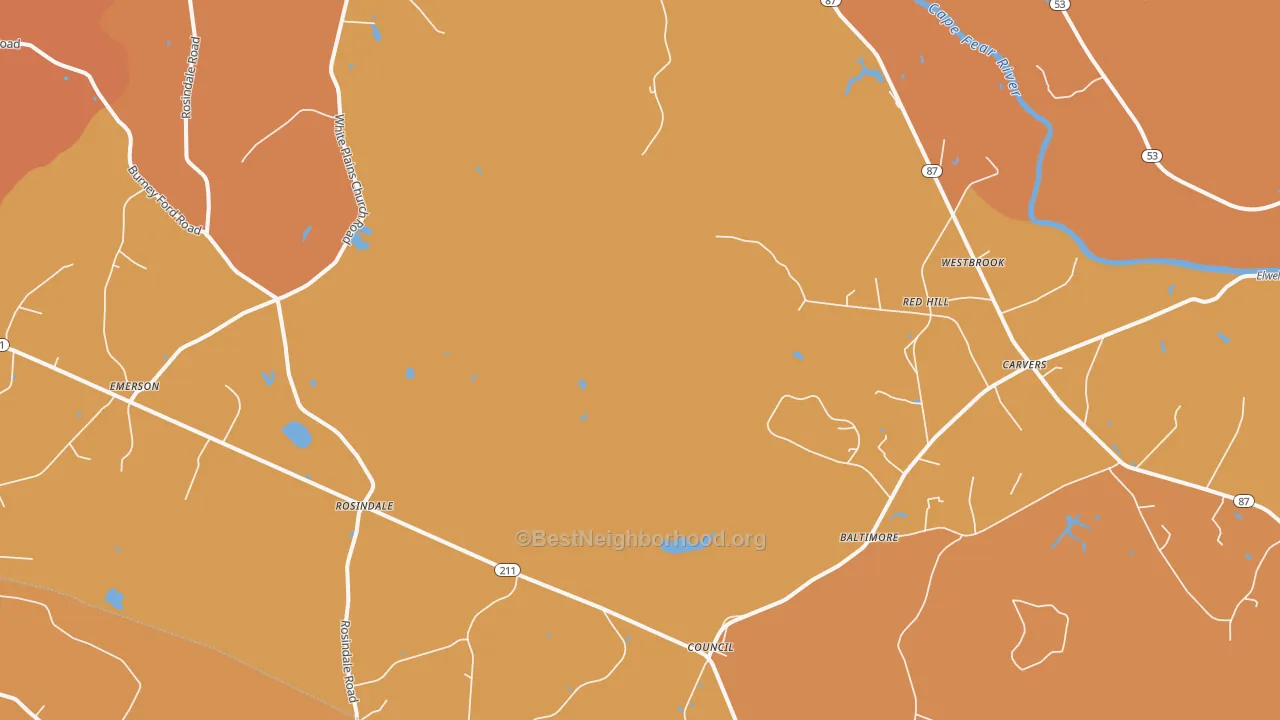 Map of the best neighborhoods in the 28434 area, with better matches in green and worse matches in red