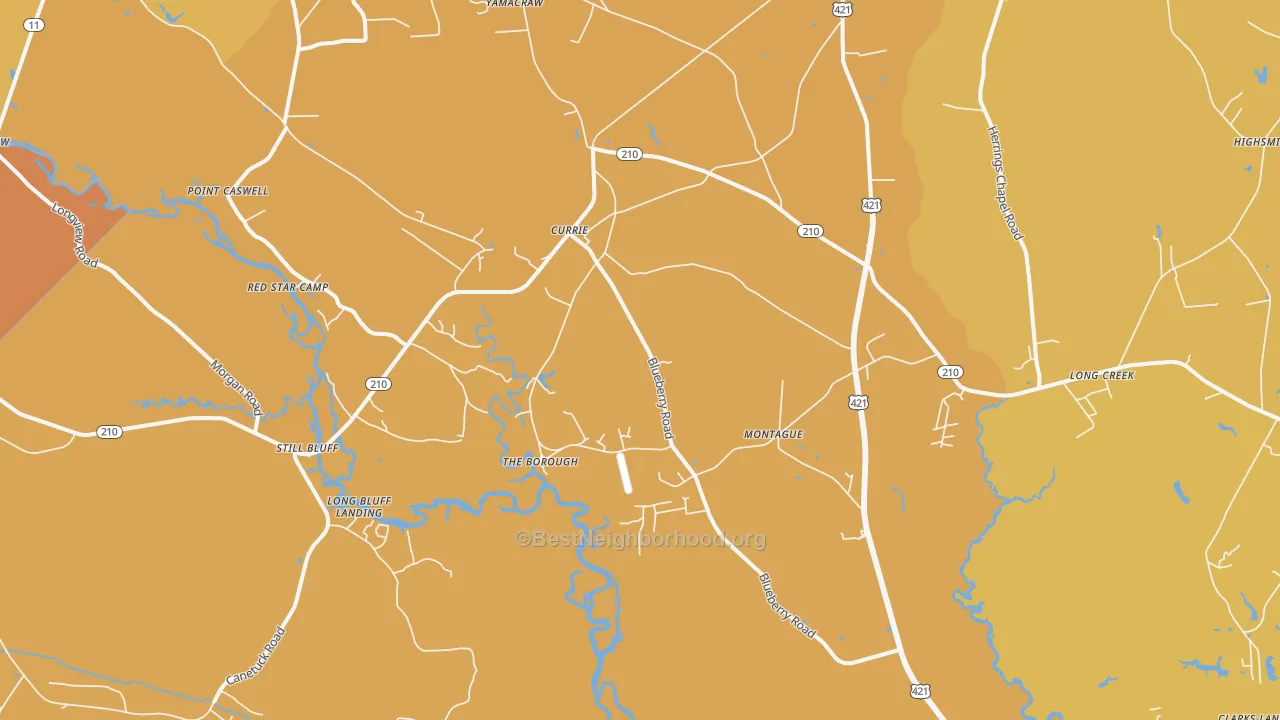 Map of the best neighborhoods in the 28435 area, with better matches in green and worse matches in red
