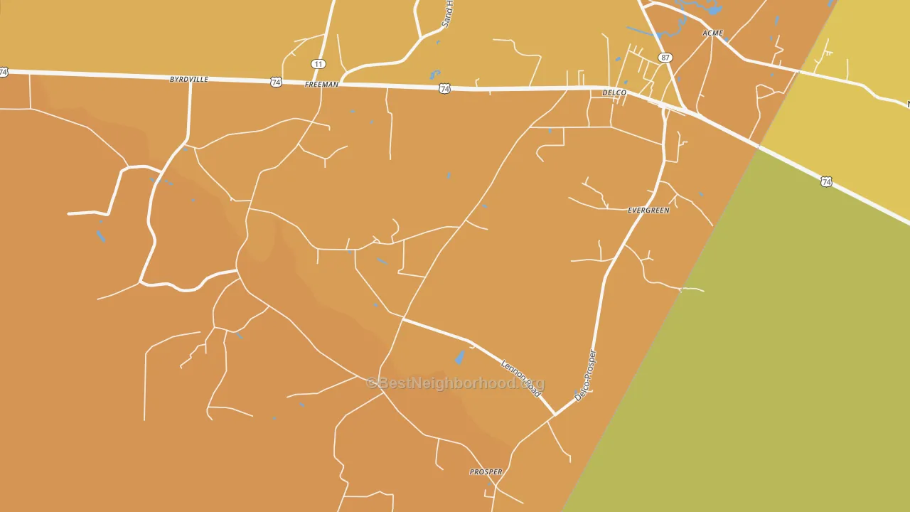 Map of the best neighborhoods in the 28436 area, with better matches in green and worse matches in red