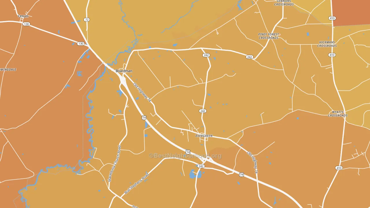 Map of the best neighborhoods in the 28438 area, with better matches in green and worse matches in red