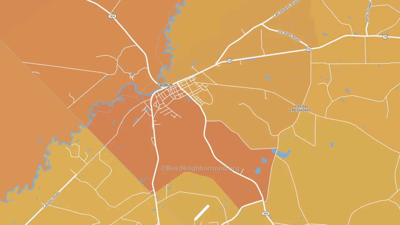 Map of the best neighborhoods in the 28439 area, with better matches in green and worse matches in red