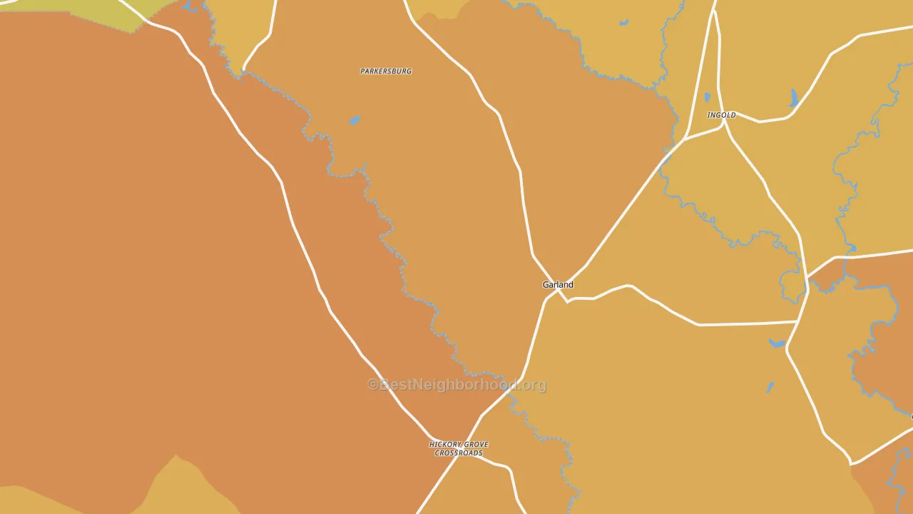 Map of the best neighborhoods in the 28441 area, with better matches in green and worse matches in red