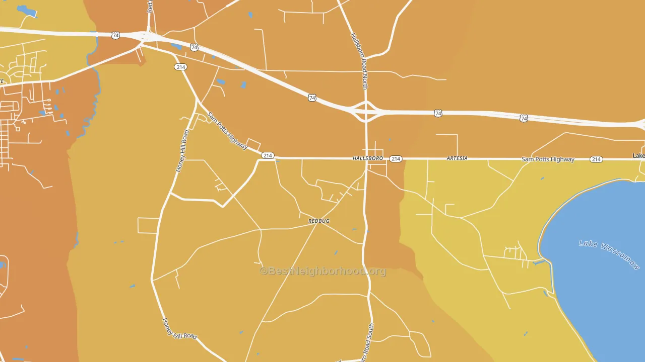 Map of the best neighborhoods in the 28442 area, with better matches in green and worse matches in red