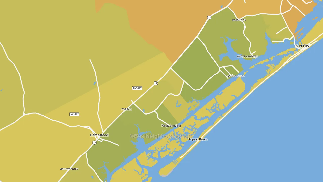 Map of the best neighborhoods in the 28443 area, with better matches in green and worse matches in red