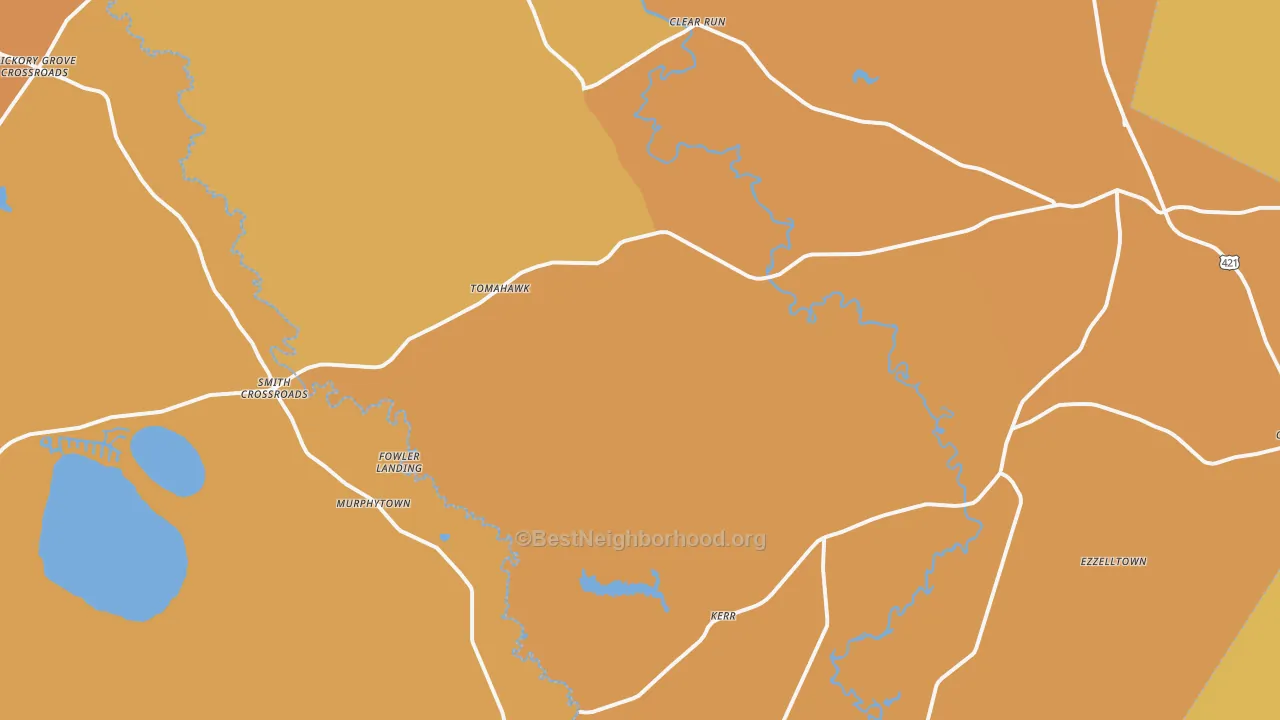 Map of the best neighborhoods in the 28444 area, with better matches in green and worse matches in red