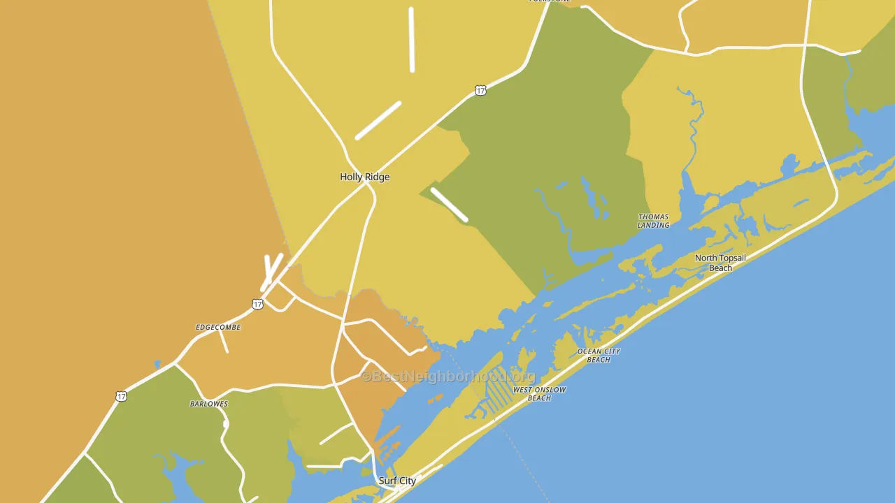 Map of the best neighborhoods in the 28445 area, with better matches in green and worse matches in red