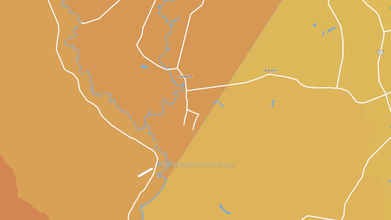 Map of the best neighborhoods in the 28447 area, with better matches in green and worse matches in red