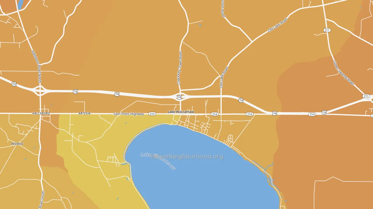 Map of the best neighborhoods in the 28450 area, with better matches in green and worse matches in red