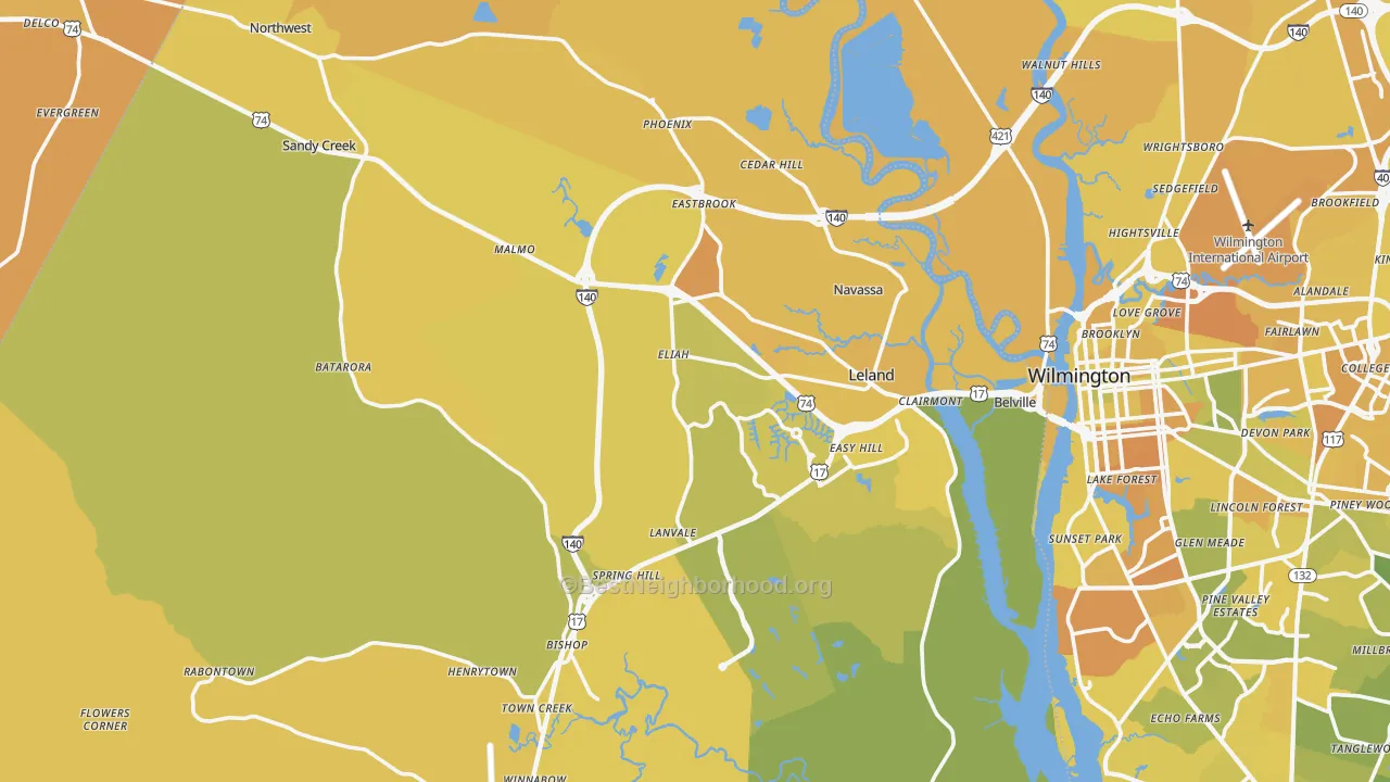 Map of the best neighborhoods in the 28451 area, with better matches in green and worse matches in red