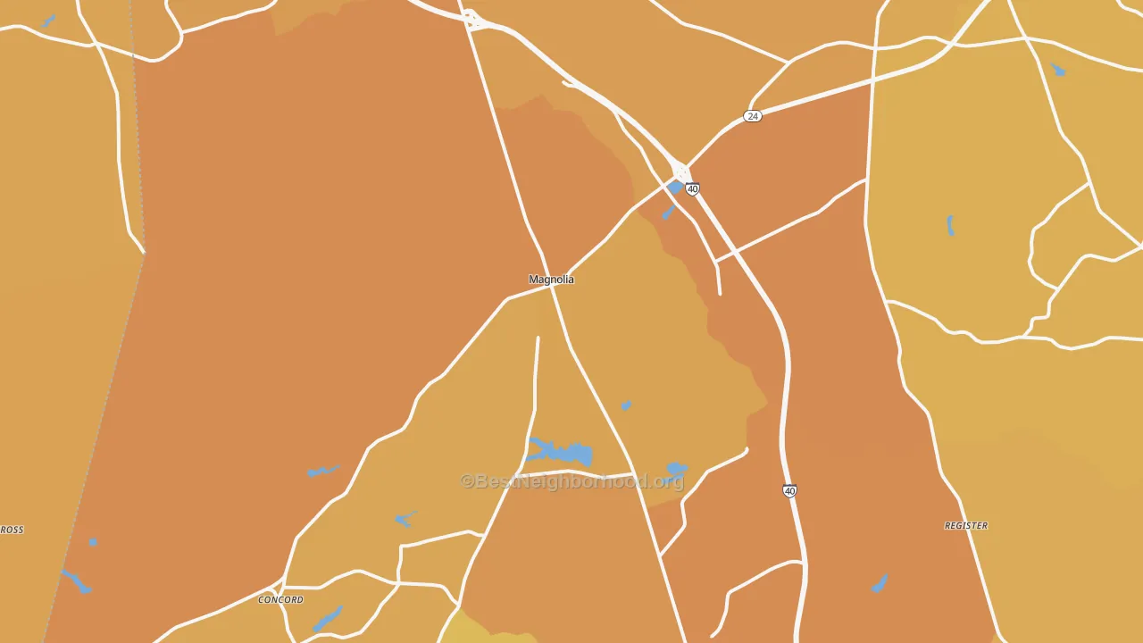 Map of the best neighborhoods in the 28453 area, with better matches in green and worse matches in red