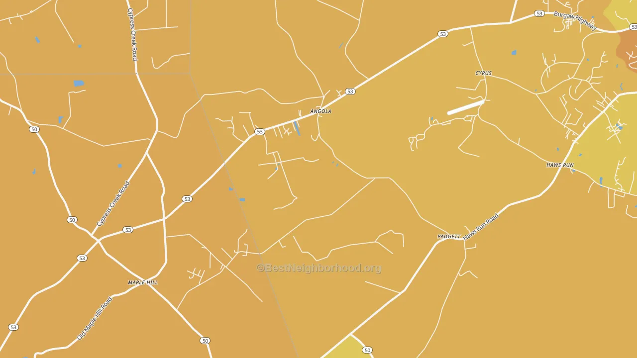Map of the best neighborhoods in the 28454 area, with better matches in green and worse matches in red