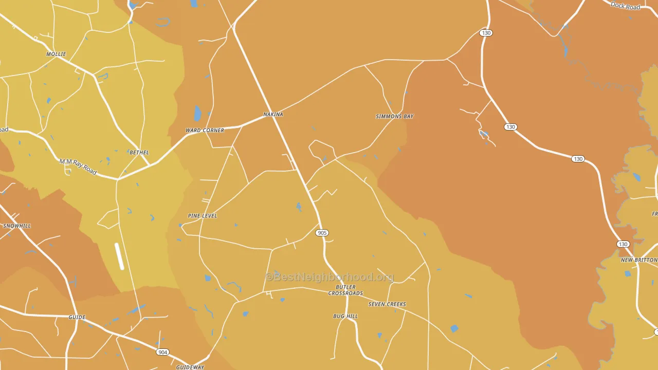 Map of the best neighborhoods in the 28455 area, with better matches in green and worse matches in red