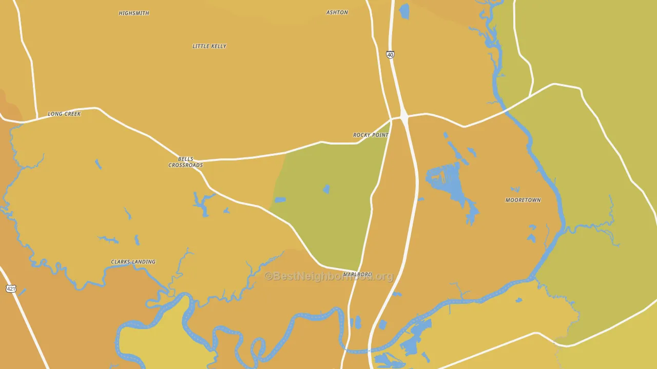 Map of the best neighborhoods in the 28457 area, with better matches in green and worse matches in red