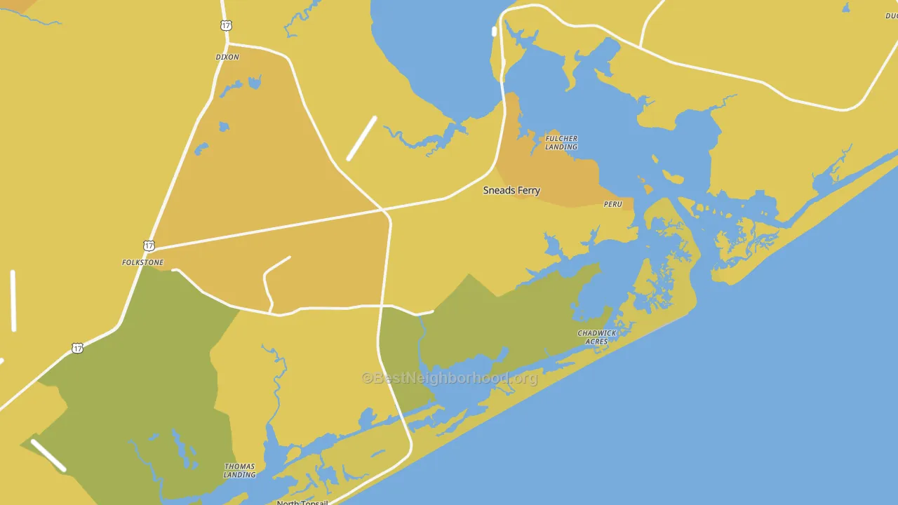 Map of the best neighborhoods in the 28460 area, with better matches in green and worse matches in red