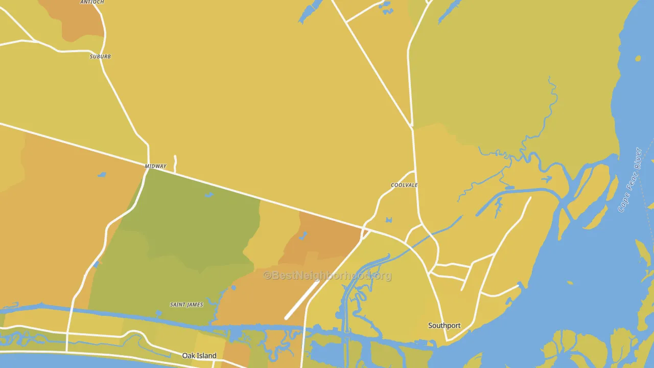 Map of the best neighborhoods in the 28461 area, with better matches in green and worse matches in red