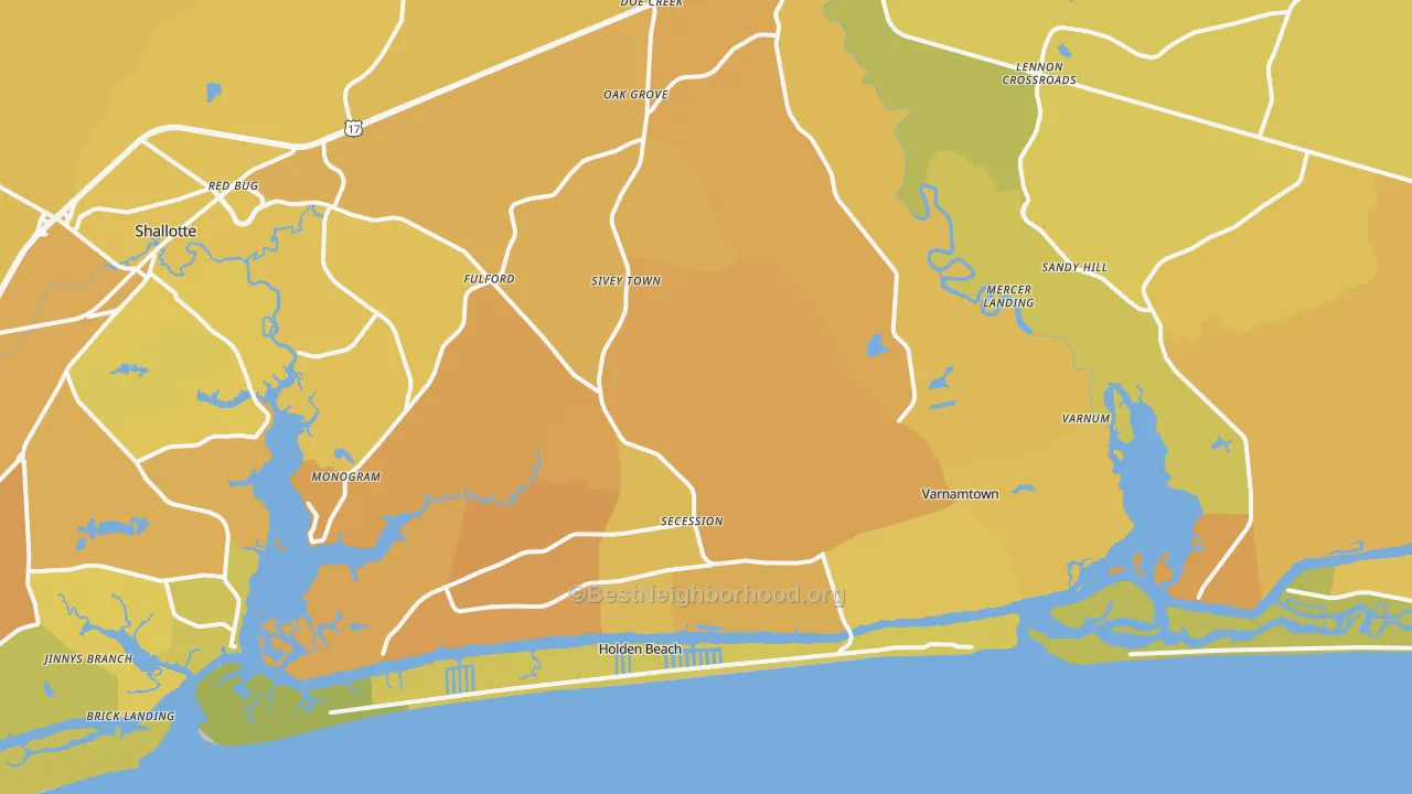 Map of the best neighborhoods in the 28462 area, with better matches in green and worse matches in red