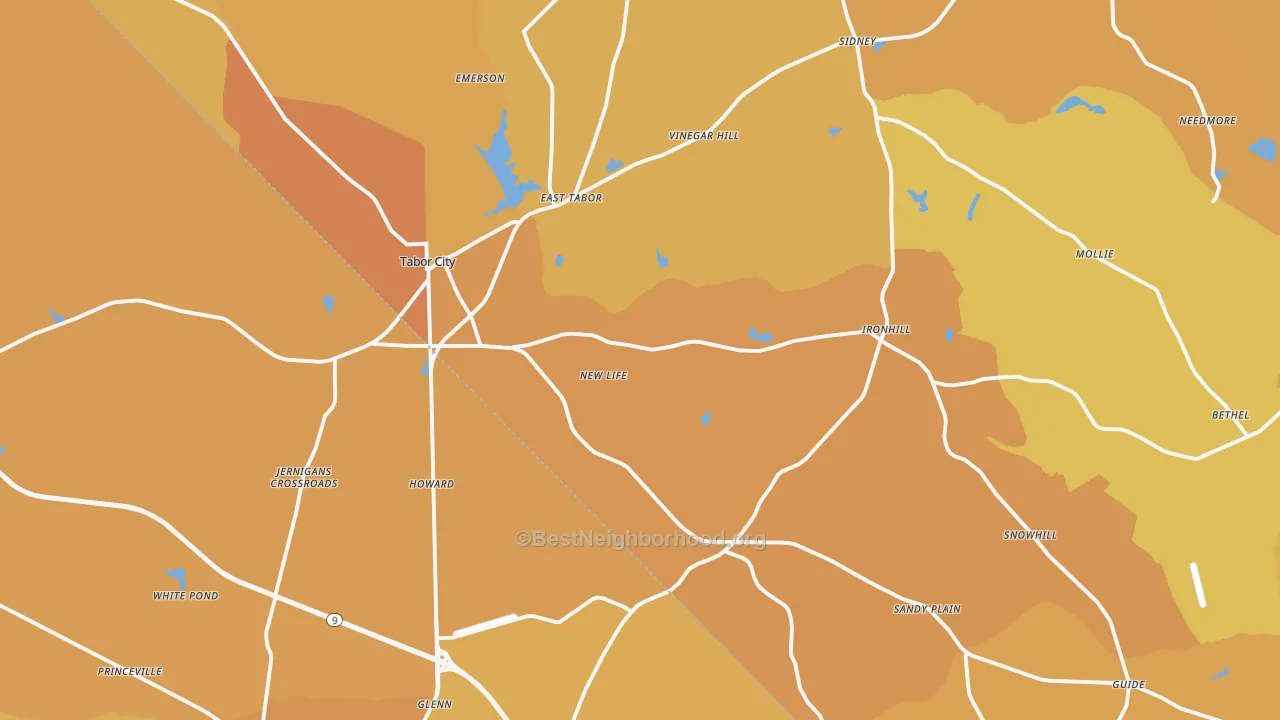 Map of the best neighborhoods in the 28463 area, with better matches in green and worse matches in red