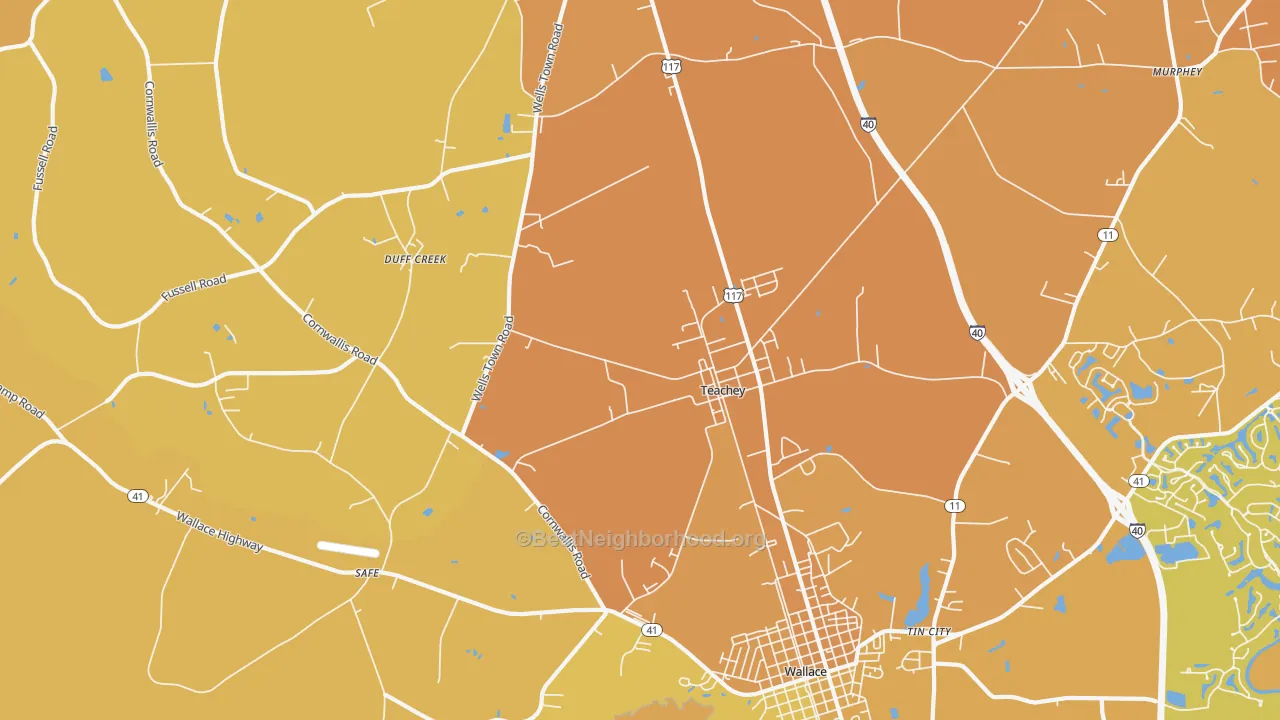 Map of the best neighborhoods in the 28464 area, with better matches in green and worse matches in red